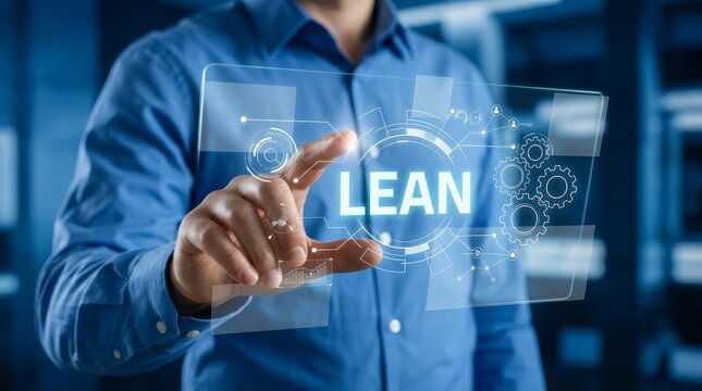 Businessman hand touching a digital glass screen for lean quality control and manufacturing process management.