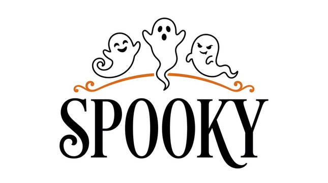 Watercolor illustration of three friendly ghosts above the word spooky for halloween