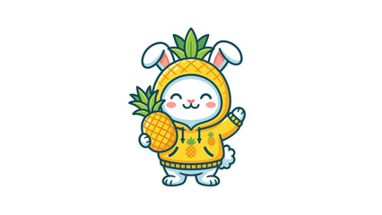 Naklejka premium Cartoon bunny in pineapple hoodie holding tropical fruit.