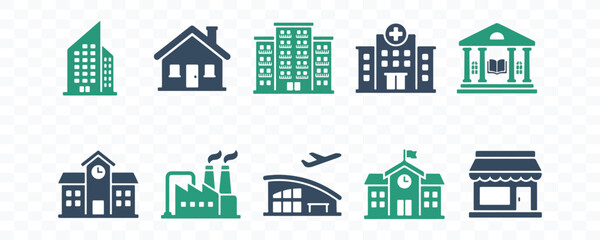Fototapeta premium Collection of modern architecture and urban building vector icons with building architecture apartment hospital structure property construction graphics