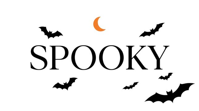 Spooky halloween typography with bats and a crescent moon on a white background
