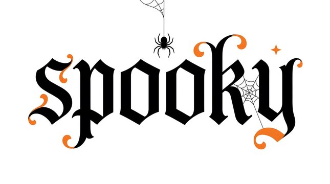 The word spooky in decorative gothic style lettering with a spider and sparkles