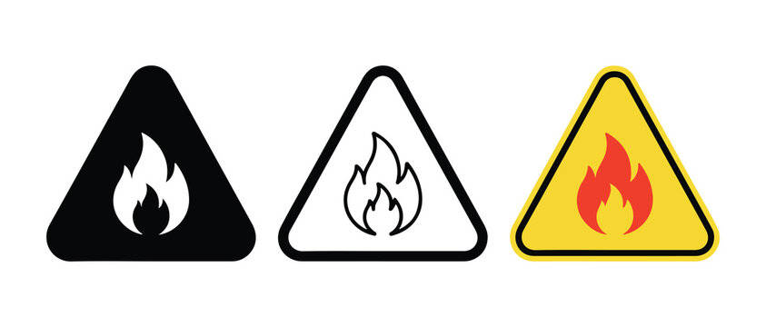 warning fire hazard symbols with flame icons in different colored triangular shapes for safety and alert signs