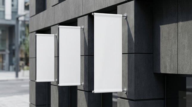 Modern building exterior with white signboard banners for product placement mockup.