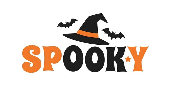 Festive halloween graphic with a witch hat and the word spooky in colorful lettering