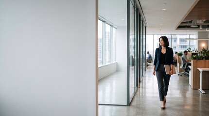 Fototapeta premium Professional woman walking in modern office hallway holding a laptop
