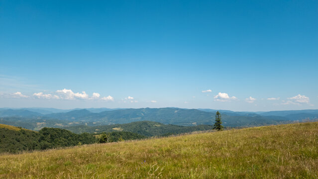 Panoramic landscape photograph of vast rolling green hills and distant mountain ranges under a wide, clear blue sky with light summer clouds. Concept for nature travel, wilderness hiking, and scenic g