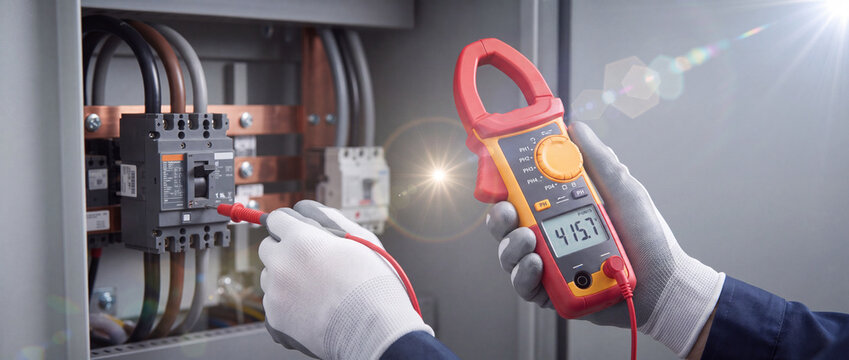 Clamp meter measuring voltage in electrical panel with digital tester probe and gloved hands, showing industrial power maintenance, circuit breaker inspection, and wiring diagnostics