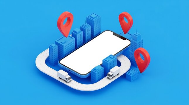 Smartphone mockup with city buildings, a delivery truck on a road, and red geotag icons.