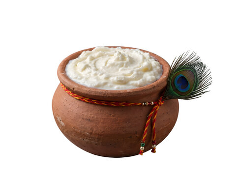 Hyper-realistic traditional Indian clay matki filled with fresh creamy white makhan, isolated as a clean transparent PNG element for Janmashtami and Krishna festival designs.