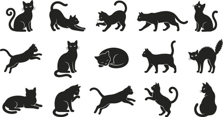 Fototapeta premium Collection of various black cat poses for holiday design projects featuring a distinct and decorative artistic halloween cat style silhouette