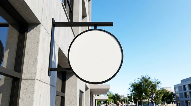 Circular signboard banner mockup on a modern building exterior for product placement.