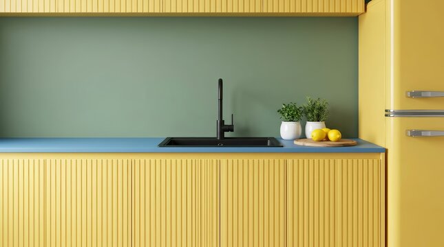Modern kitchen with yellow cabinets and blue countertops against a green backsplash.