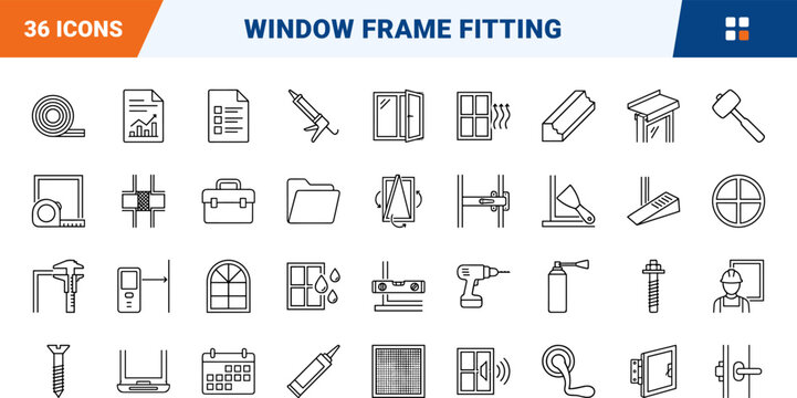 Window Frame Fitting line icon set. Vector pictograms of installation, hardware, measurement, and glazing elements, thin linear illustration.