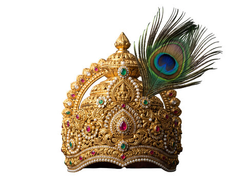 Hyper-realistic ornate golden Krishna mukut decorated with a vibrant peacock feather, showcasing traditional Indian craftsmanship as an isolated transparent PNG element.