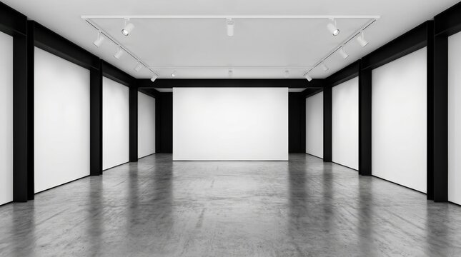 Modern empty white and black gallery interior with track lighting.