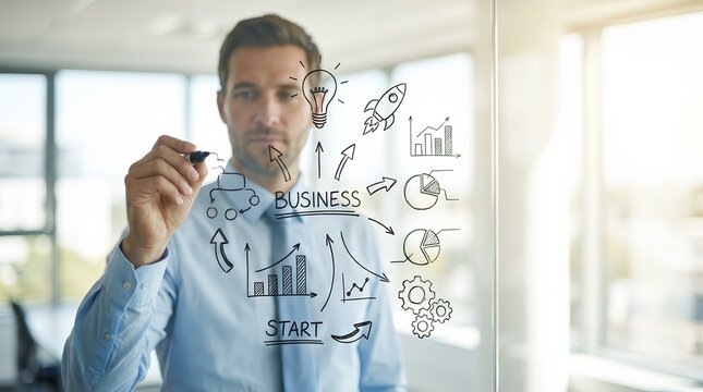 Businessman drawing a business flowchart on a glass screen for startup planning.