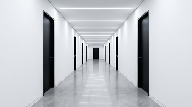 Modern minimalist long corridor with closed black doors.