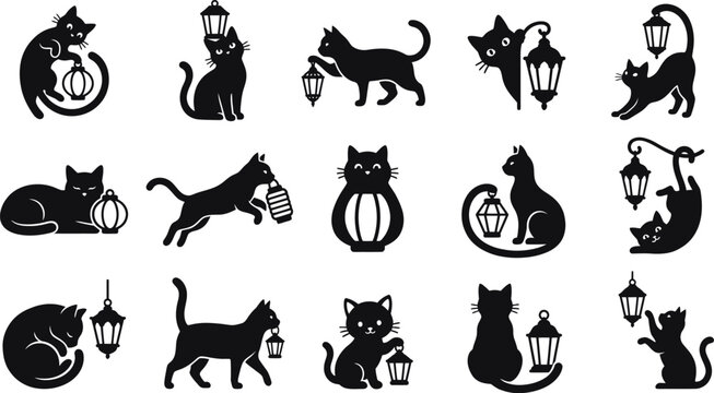 A collection of various spooky halloween cat icons featuring a distinctive black and white graphic art style in a decorative silhouette