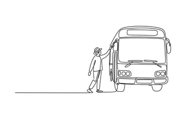Continuous single line drawing of a man standing and touching a bus door Vector, illustration © Shreemoti
