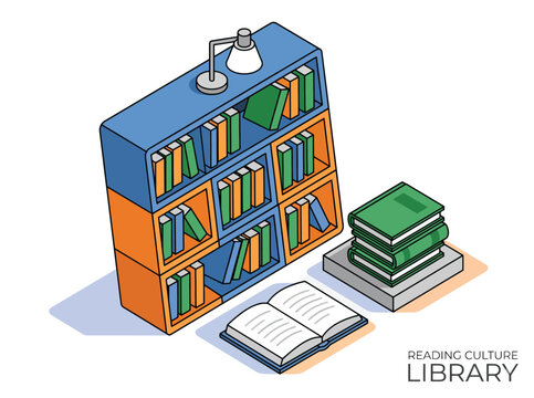 Isometric library bookshelf with reading culture concept, colorful book collection on shelves, educational literature vector illustration