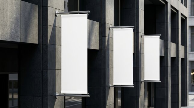 Modern building exterior with white signboard banners for product placement mockup.