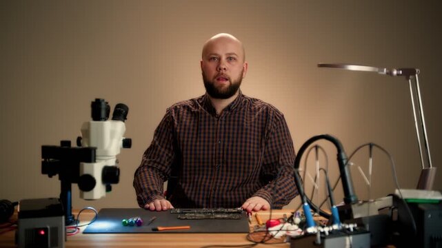 Electronics repair technician inspecting circuit board at workbench