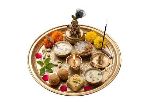 Hyper-realistic Janmashtami devotional food offering featuring Krishna idol, makhan, mishri, peda, kheer and traditional Indian sweets, isolated as a transparent PNG.