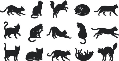 Obraz premium Collection of various black cat poses for creative holiday design projects featuring a distinctive and artistic dark graphic style silhouette
