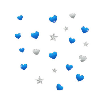 Vibrant blue hearts and silver stars with a soft pink glow floating in a scattered arrangement on a white background concept of love and celebration