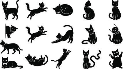Obraz premium Collection of various playful black halloween cat poses displayed as a set of isolated graphic icons in a creative flat silhouette