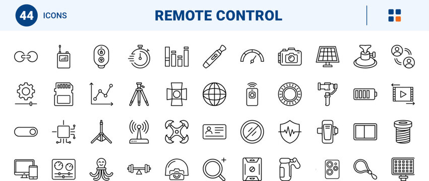 Camera shutter remote control line icon set. Vector pictograms of wireless, photography, trigger, and bluetooth elements, thin linear illustration.