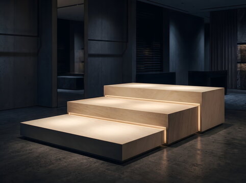 Minimal Tiered Display Platforms with Elegant Night Lighting
