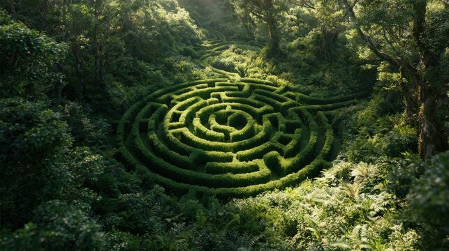 A circular green hedge maze nestled within a lush dense forest bathed in sunlight. This serves as a metaphor for complex decision-making and business challenges.
