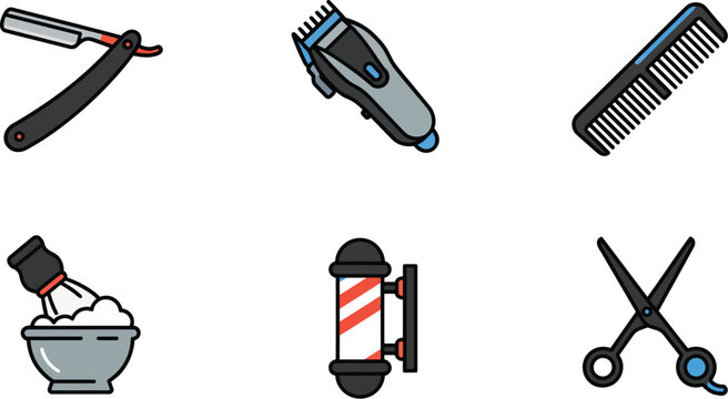 Barbershop equipment collection with razor hair clipper comb and scissors vector illustration flat.