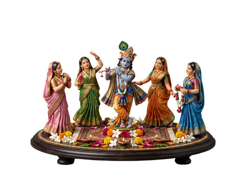 Hyper-realistic miniature devotional Jhanki inspired by Krishna's Raas Leela, featuring Krishna with flute and traditional figurines in an elegant isolated transparent PNG tableau.
