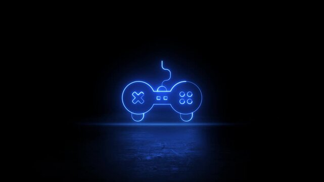 Neon glowing Video game controller line icon video animation on black background. Neon Gamepad flat icon animation. Bright Video game controller sign video motion. Neon lighting Game controller icon.