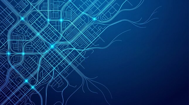 Futuristic digital city map with glowing blue lines, abstract smart city technology network, urban navigation and data connection background