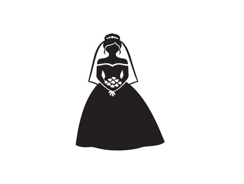 Bride silhouette icon. Elegant wedding dress vector for bridal shop logo design.