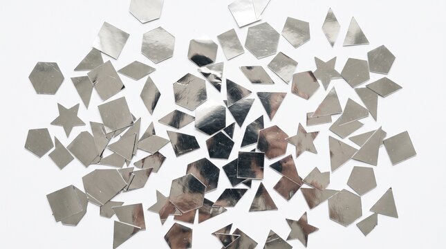 Scattered Silver Geometric Shapes Including Stars Hexagons Pentagons Squares and Triangles on White Background