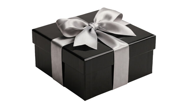 Shiny black gift box with silver ribbon and bow, elegant present isolated on transparent background