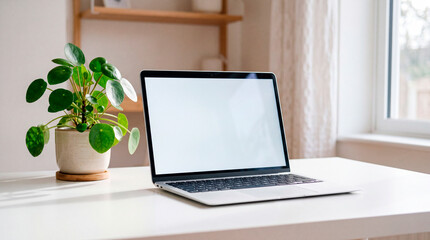 Fototapeta premium Modern silver laptop with a blank white screen resting on a minimalist bright white desk, a green potted plant and soft natural shadows nearby, clean workspace concept, indoor, with copy spa