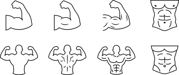 Obraz premium Bodybuilding Icons Set Collection Group with Muscular Arms, Biceps, Fitness and Bodybuilder Symbols in Black Flat and Line Vector Isolated on Transparent Background