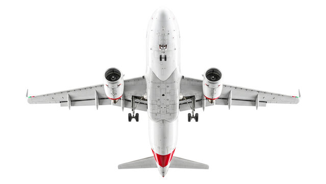 Airplane underside with visible engines in flight, isolated aircraft view from below on transparent background