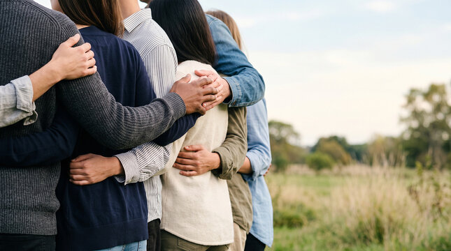 Community support concept, close up of diverse friends hugging each other in circle standing in park