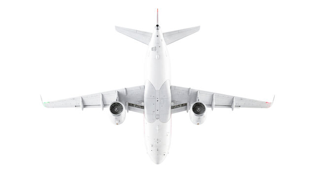Airplane underside with visible engines in flight, isolated aircraft view from below on transparent background
