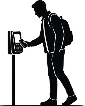 Man paying with smartphone at contactless payment terminal silhouette vector illustration