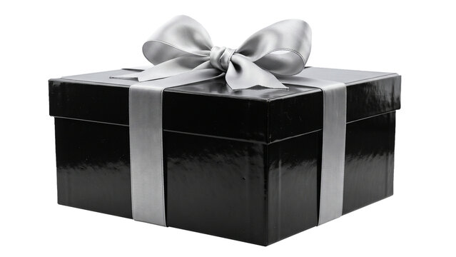 Shiny black gift box with silver ribbon and bow, elegant present isolated on transparent background