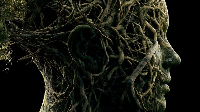 Prompt: A striking ecological double exposure. A clean black head silhouette is filled with a dense, chaotic network of gnarled, mossy tree roots winding tightly inside the profile, symbolizing 