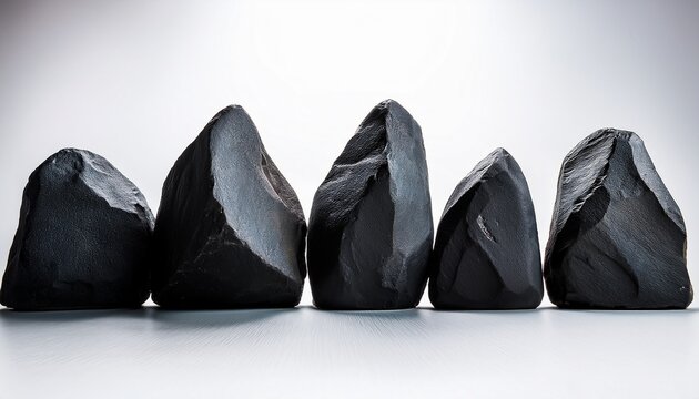 row of dark jagged boulders on a stark white background conveying rugged dramatic solidity